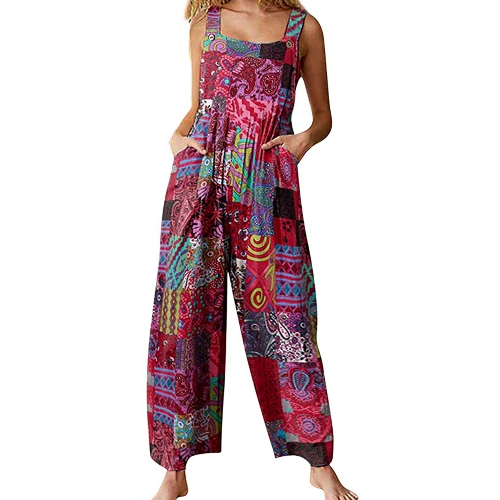 Women's jumpsuit Loose Colorblock Floral Print Wide Leg Button Bib Overall